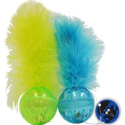 Scream Lattice Ball w/Feather Cat Toy Green and Blue 2pk
